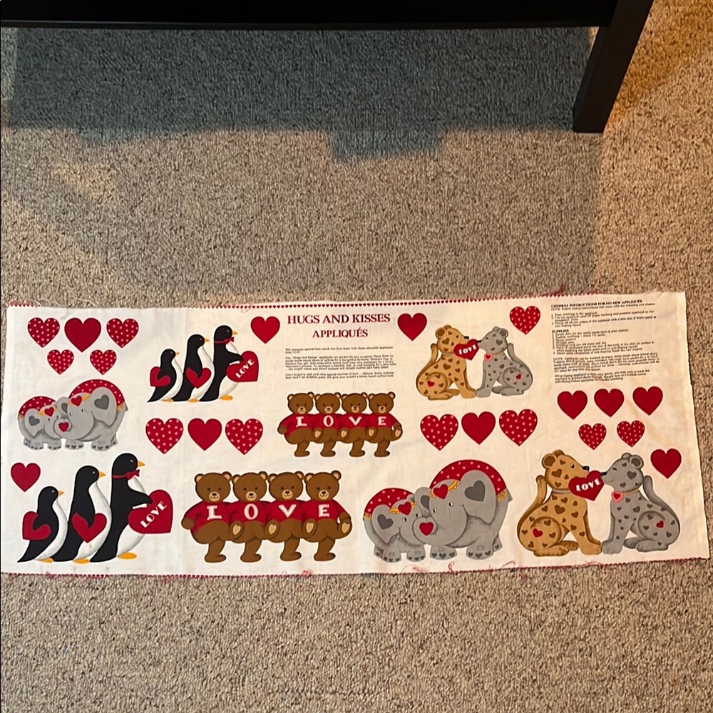 Hugs and Kisses Appliques Fabric Panel Vintage Valentines Cotton